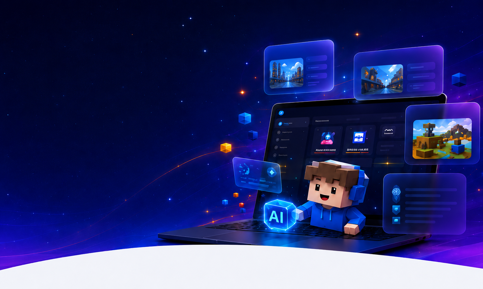 ノートパソコンでAIとRobloxを使って学ぶ子どものイメージ