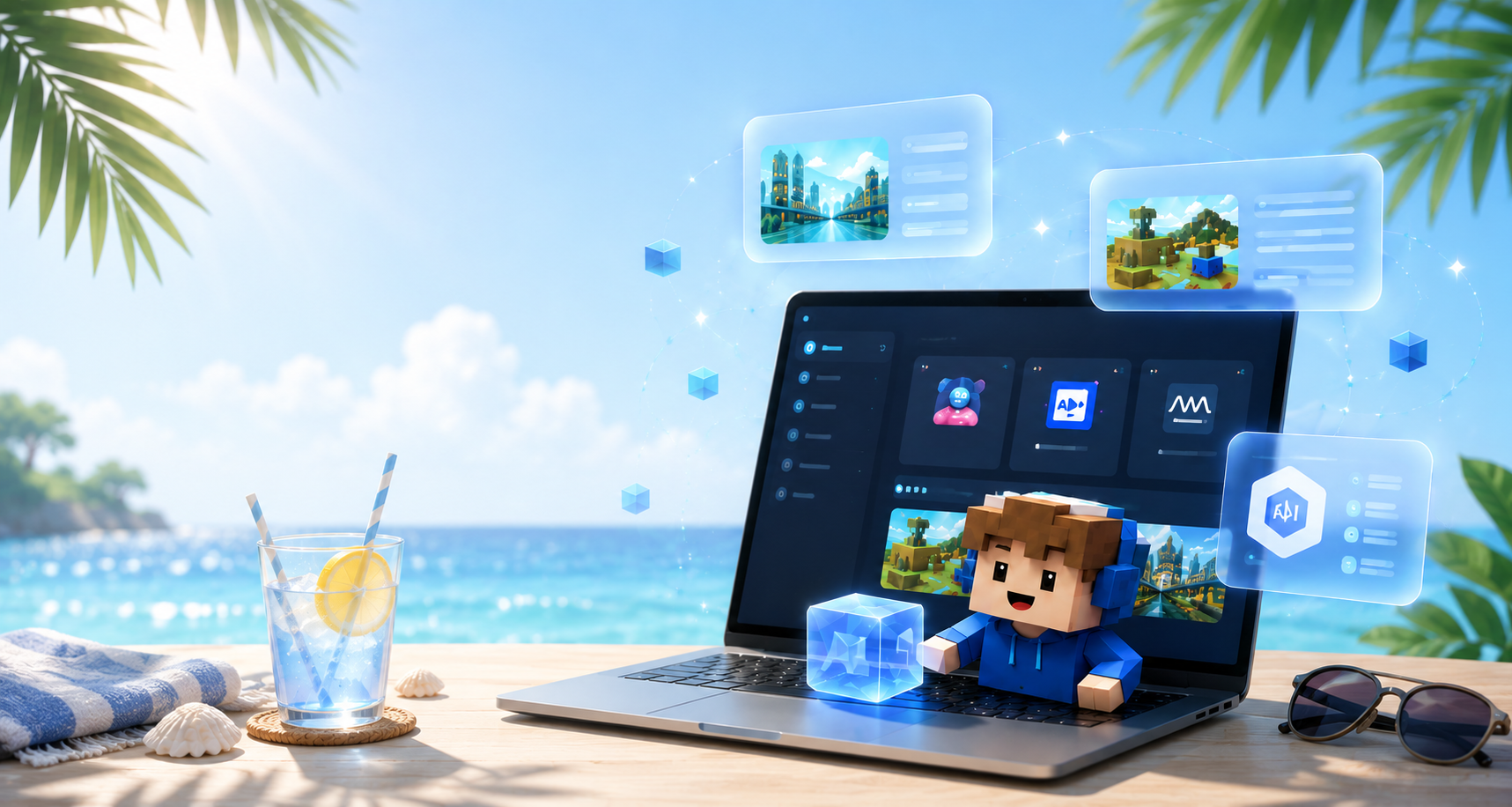 ビーチのノートパソコンでAIとRobloxを使って学ぶ子どものイメージ